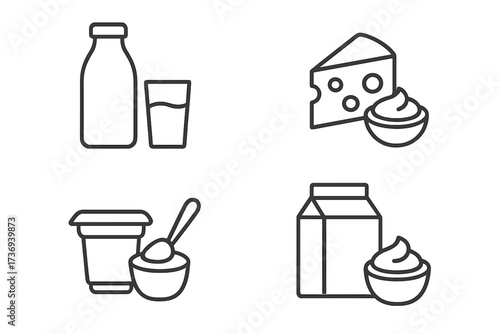 Dairy products line icon set. Milk, cheese, yogurt, sour cream outline pictograms. Farm food symbols for grocery packaging. Healthy nutrition, breakfast concept vector collection.