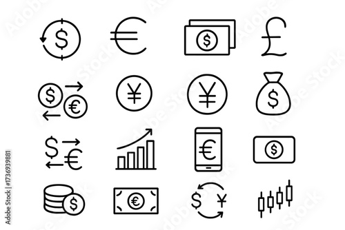 Vector currency icon set. Thin line financial symbols for global money exchange & trading. Includes dollar, euro, pound, yen signs. Banking, payment, growth chart & stock market.