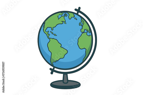 School desk earth globe icon showing planet map. Sphere object for geography, atlas education, and learning. World vector graphic for travel, global business, and discovery.