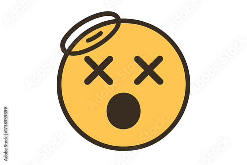 Dizzy emoticon face vector emoji with x-eyes. Cross-eyed smiley with KO mindblown expression. Dead cartoon character or unconscious symbol. Head icon for knockout concept.