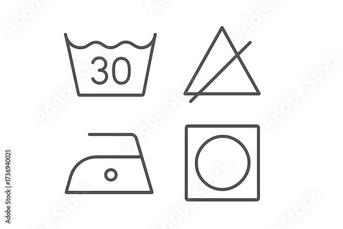 Set of textile care symbols. Laundry instruction icons collection. Washing, drying, ironing, and bleaching guide for clothing labels. Flat linear vector graphic design element.