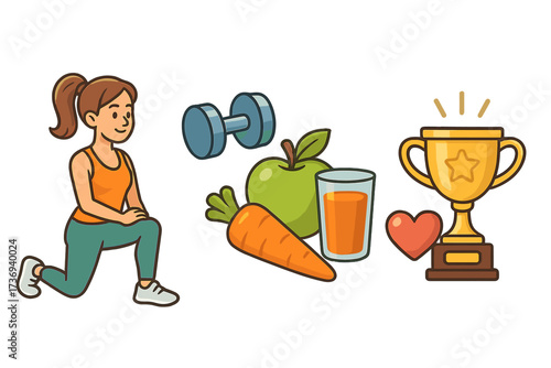 Healthy lifestyle concept with fitness and nutrition icons. Woman exercising, dumbbell, healthy food and trophy for achievement. Vector cartoon set for wellness and motivation.