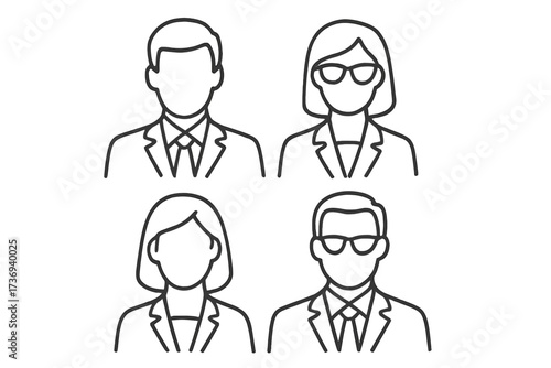 Business people vector line icon set. Man and woman in formal suits. Corporate team, office staff avatars. Thin outline illustration for user profile, professionals, lawyers.