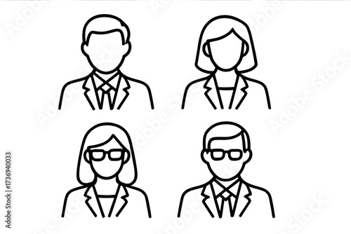 Business people vector line icon set. Man and woman in formal suits. Corporate team, staff avatars. Anonymous user profile pictogram for lawyer, professor, or manager jobs.