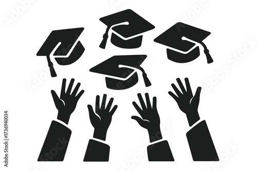 Graduates throwing mortarboard caps in the air. Graduation celebration concept. University education success. Academic achievement vector icon silhouette for diploma ceremony.