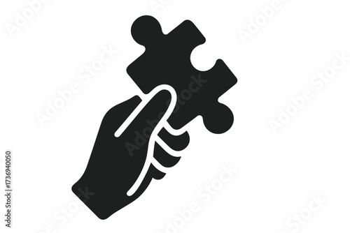 Hand holding puzzle piece vector icon. Concept of solution, problem-solving, strategy. Metaphor for support, collaboration, teamwork, finding the missing part. Connection.