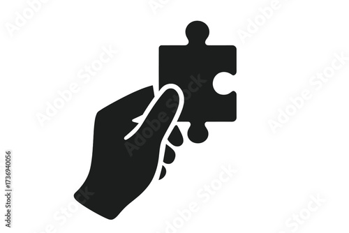 Hand holding puzzle piece vector icon. Concept for business solution, problem-solving, and strategy. Symbol of teamwork, support, collaboration, and partnership. Find a fit.