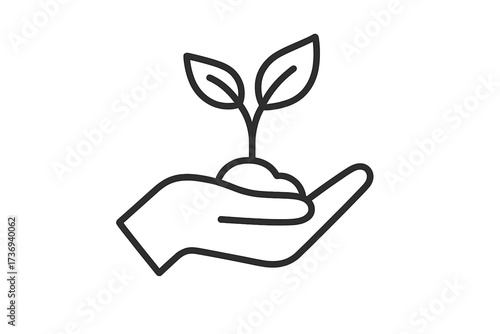 Hand holding sprout. Vector thin line icon. Growth, new life, and development concept. Sustainability, environment, and ecology symbol. Organic, bio, and nature illustration.