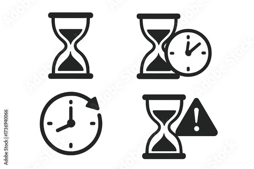 Time management icon set. Hourglass symbol. Countdown clock graphic. Deadline urgency alert. Limited time concept. Project management vector. Time is running out metaphor.
