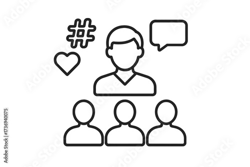 Social media influencer and followers line icon. Vector for digital marketing, community management, user engagement, content creation, audience reach, likes, comments, and hashtags.