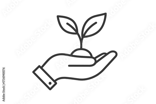 Hand holding plant sprout. Line icon of new life, growth and development. Concept for sustainability, environment, nature care, ecology, investment, startup, business growth.