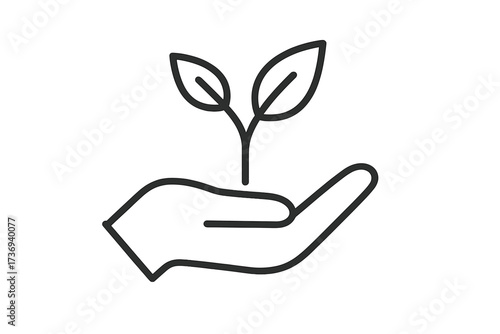 Hand with leaf plant sprout vector line icon. Concept of sustainability, environment, and nature care. Symbol for growth, new life, ecology, organic farming, and eco friendly ideas.