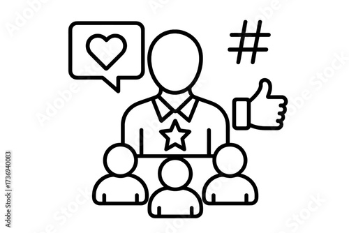 Influencer marketing and followers community concept. Thin line vector icon for social media, user interaction, likes, comments, and hashtags. Online audience engagement.