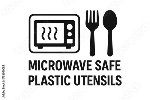 Microwave safe plastic utensils icon for food container. Vector symbol for safe heating and cooking. Label for packaging. Fork, spoon and microwave oven pictogram illustration.