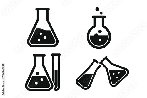 Chemistry lab glass flask icon set. Science research experiment symbol collection. Vector graphic of chemical reaction in beaker and test tube. Pharmacy and biology concept.