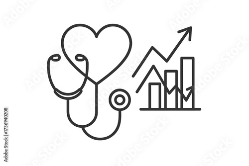 Public health trends and cardiology analysis. Healthcare statistics icon with stethoscope on a heart and growth chart. Medical data report, health insurance vector graphic.