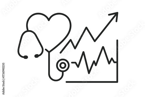 Cardiology health checkup icon. Stethoscope on heart, EKG pulse line and growth statistics graph arrow. Concept for medical data analysis, public health, wellness, and prevention.