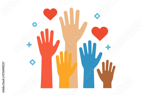 Raised hands for volunteering and charity. Diverse community together showing support, love, and hope. Vector illustration for social work, donation, teamwork and unity concept.