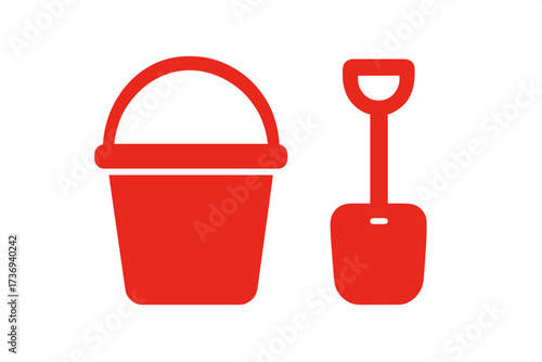 Sand bucket and shovel icon. Red pail and spade vector symbol. Summer beach toy for kids. Childhood fun concept. Seaside vacation and holiday graphic element. Isolated silhouette.