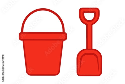 Red sand bucket and plastic shovel icon. Vector illustration of a beach pail and spade set. Summer holiday toy for kids playing in the sandbox. Isolated graphic element.