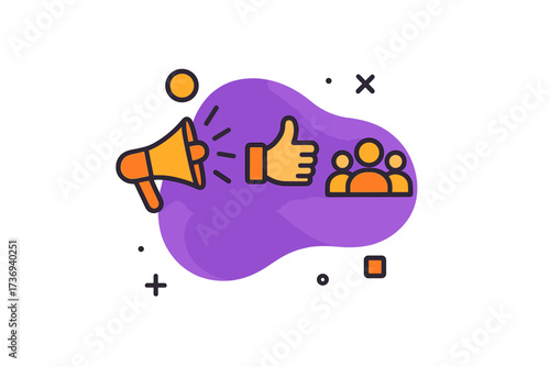 Refer a friend concept with icons. Referral program marketing banner. Megaphone for announcement, thumbs up for recommendation, people for social network. Affiliate marketing design.