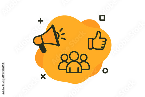 Refer a friend program concept. Marketing strategy with megaphone for promotion and announcement. People icon with thumbs up for social network sharing and customer loyalty.