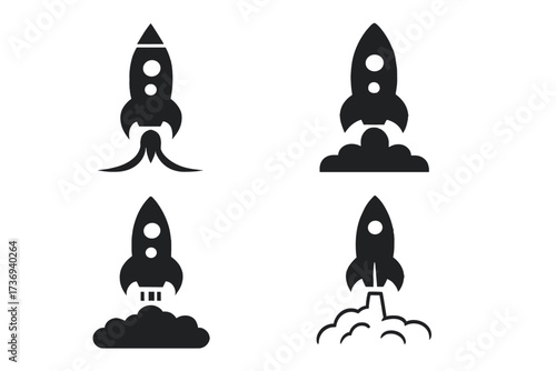 Rocket launch icon set for startup. Business project start metaphor. Spaceship liftoff symbol for success, growth, and innovation. Boost your marketing strategy concept.