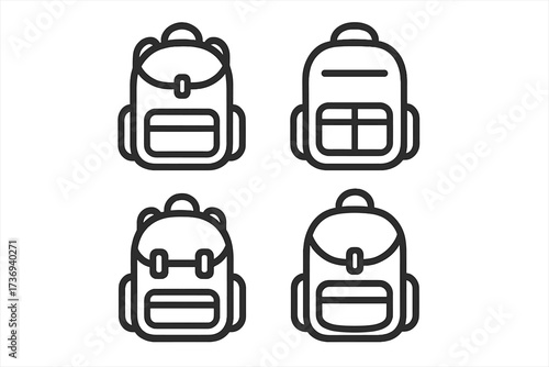 Backpack line icon set. School bag and rucksack vector symbol collection. Simple outline pictogram for travel, education or hiking. Minimalist knapsack and baggage sign element.