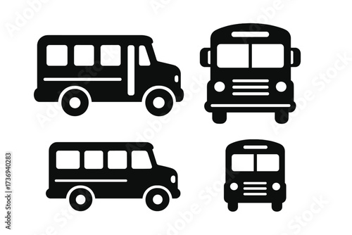 School bus vector icon set. Graphic elements for transport and education design. Public transportation symbols. Front and side view automobile. Flat simple silhouette pictogram.