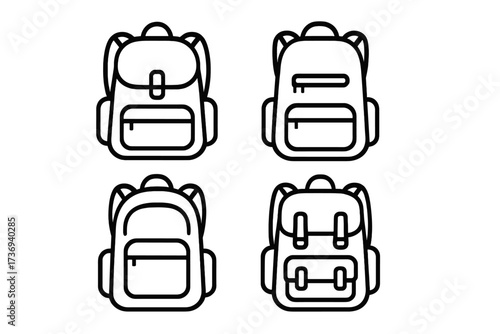 School bag and backpack line icon set. Vector collection of rucksack outline symbols. Back to school concept. Education, travel, hiking and baggage graphic elements isolated.