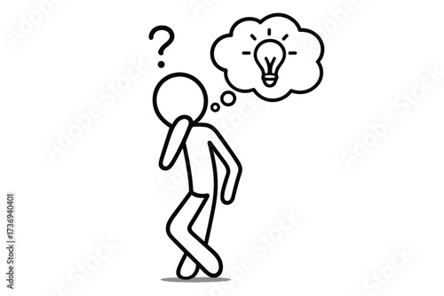 Stick figure thinking, question to idea concept. Vector icon of problem solving, brainstorming, innovation, creativity and finding a solution. Man with lightbulb in thought bubble.