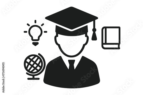Student with graduation academic hat icon set. Vector graphic elements for education, knowledge, and learning. University and college degree concept with globe, book, idea.