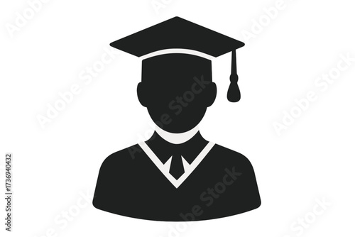 Graduate icon with academic cap. Student silhouette for graduation ceremony. Symbol of education, knowledge, and success. University, college, or high school achievement vector.