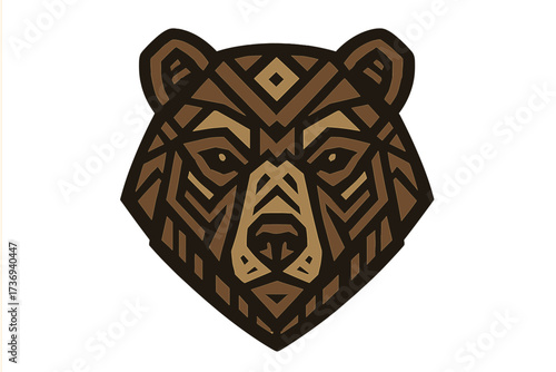 Geometric bear head vector icon. Stylized tribal grizzly logo for team mascot. Abstract ethnic wildlife animal illustration. Brown predator face with native pattern design.