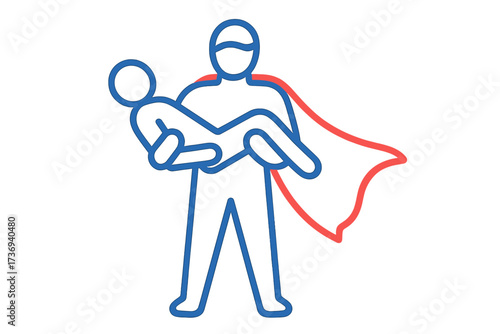 Superhero rescuing a person icon. Hero holding victim in arms. Concept of help, support, protection, and safety. Vector illustration for heroism, courage, and bravery.