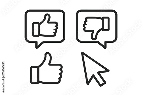 Thumbs up and down line icon set. Like and dislike buttons in speech bubbles. Positive and negative feedback, user review, and rating symbols with a cursor icon. Vector graphic.
