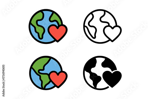 Earth with heart icon set in 4 styles. Planet love, environmental care, and ecology concept. Vector illustration collection includes flat, line, outline, and glyph styles.