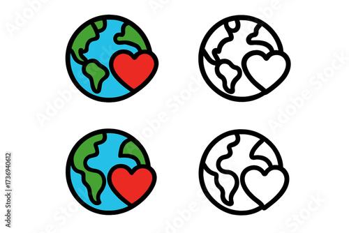 Love our planet earth icon set. Earth day vector collection with heart. Globe peace and environment care symbol. Save the planet ecology concept. World charity logo design.