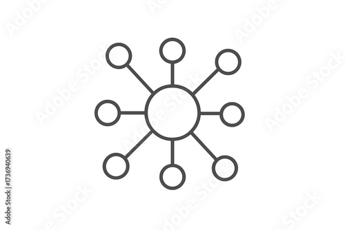 Hub and spoke model icon. Concept of viral marketing, word of mouth, and information spread. Thin line symbol for network, connection, communication, distribution, and teamwork.