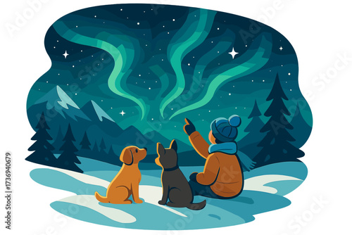 Man and dogs watching the northern lights. Winter stargazing in a snowy mountain landscape. Vector illustration of the aurora borealis. Magical night sky and adventure concept.