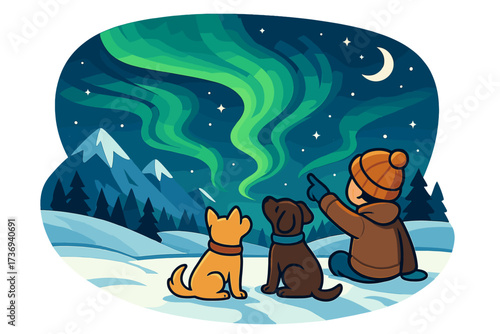 Child and two dogs stargazing at the Northern Lights in a winter mountain landscape. Vector cartoon illustration of aurora borealis, snow, and the night sky. Friendship concept.
