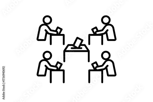 Voting process vector line icon showing voters at polling booths casting ballots. Concept for election day, democracy, civic duty, political choice, and referendum participation.