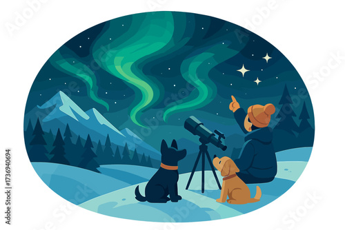 Winter stargazing adventure with dogs. Person with telescope watching northern lights. Aurora borealis in night sky over snowy mountains. Vector cartoon landscape illustration.