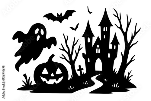Halloween spooky scene silhouette with haunted castle, ghost, bat, and jack o'lantern. Creepy horror night vector set for decoration. Scary pumpkin and haunted house cartoon.
