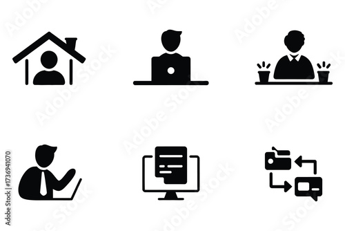 Collection of remote work concept vector icons showing working from home and online communication