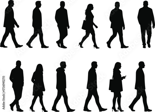 Business people silhouettes walking, men and women in formal clothes, corporate group teamwork, office workers walking poses, professional human figuresBusiness people 