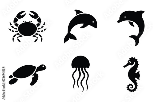 Collection of sea animals symbols including crab dolphin turtle jellyfish and seahorse for design