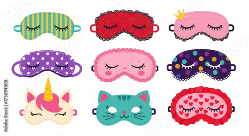 An array of nine colorful and decorative sleep masks, each with unique designs, including stripes, polka dots, animal themes, and embellishments.