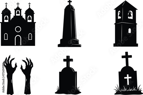 Church graveyard silhouettes, gothic tombstones, haunted cemetery crosses, spooky zombie hands, horror halloween grave illustration, funeral death monument design vectorChurch graveyard 