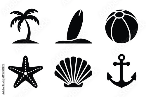 Collection of summer and beach icons depicting vacation and leisure time in black silhouette style